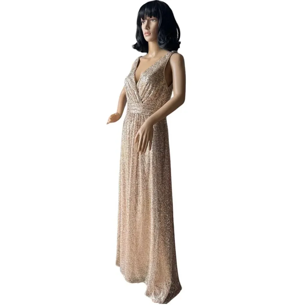 David's Bridal sequin v-neck bridesmaid dress with satin piping gold size 8